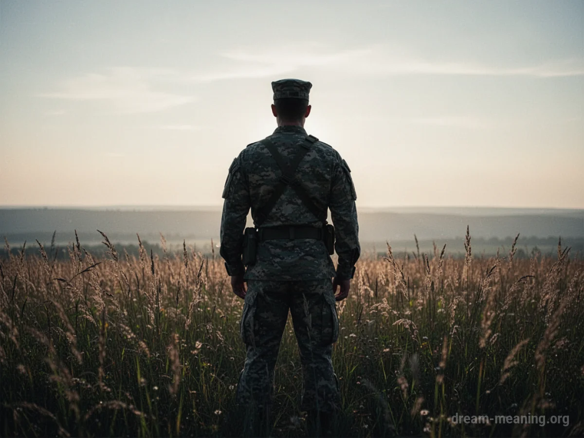 Silhouette of a soldier standing in a grassy field.