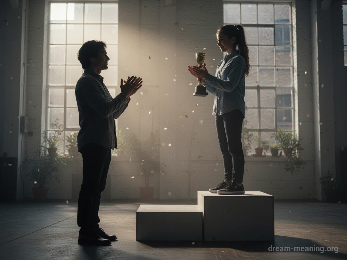 One person applauds another who stands on a small raised platform.