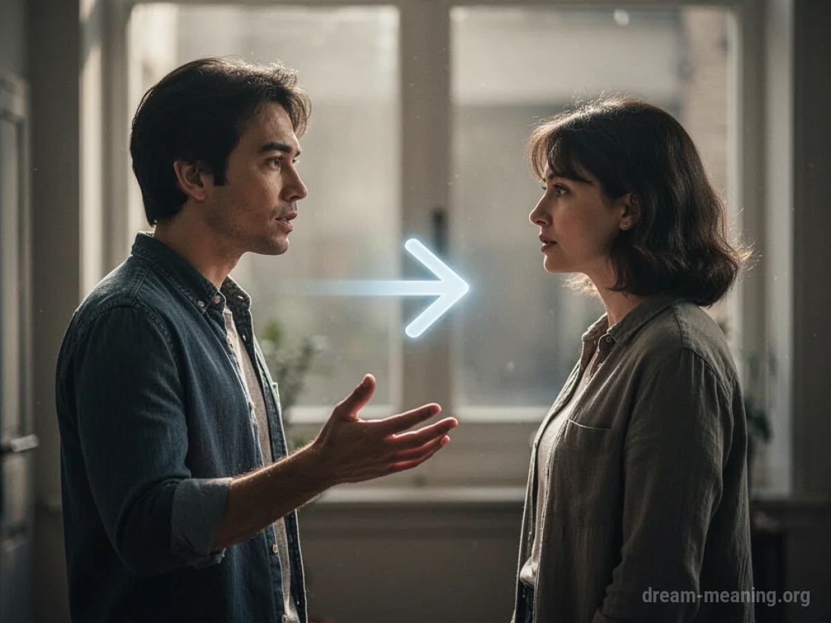 Two figures interacting, one gesturing towards the other.