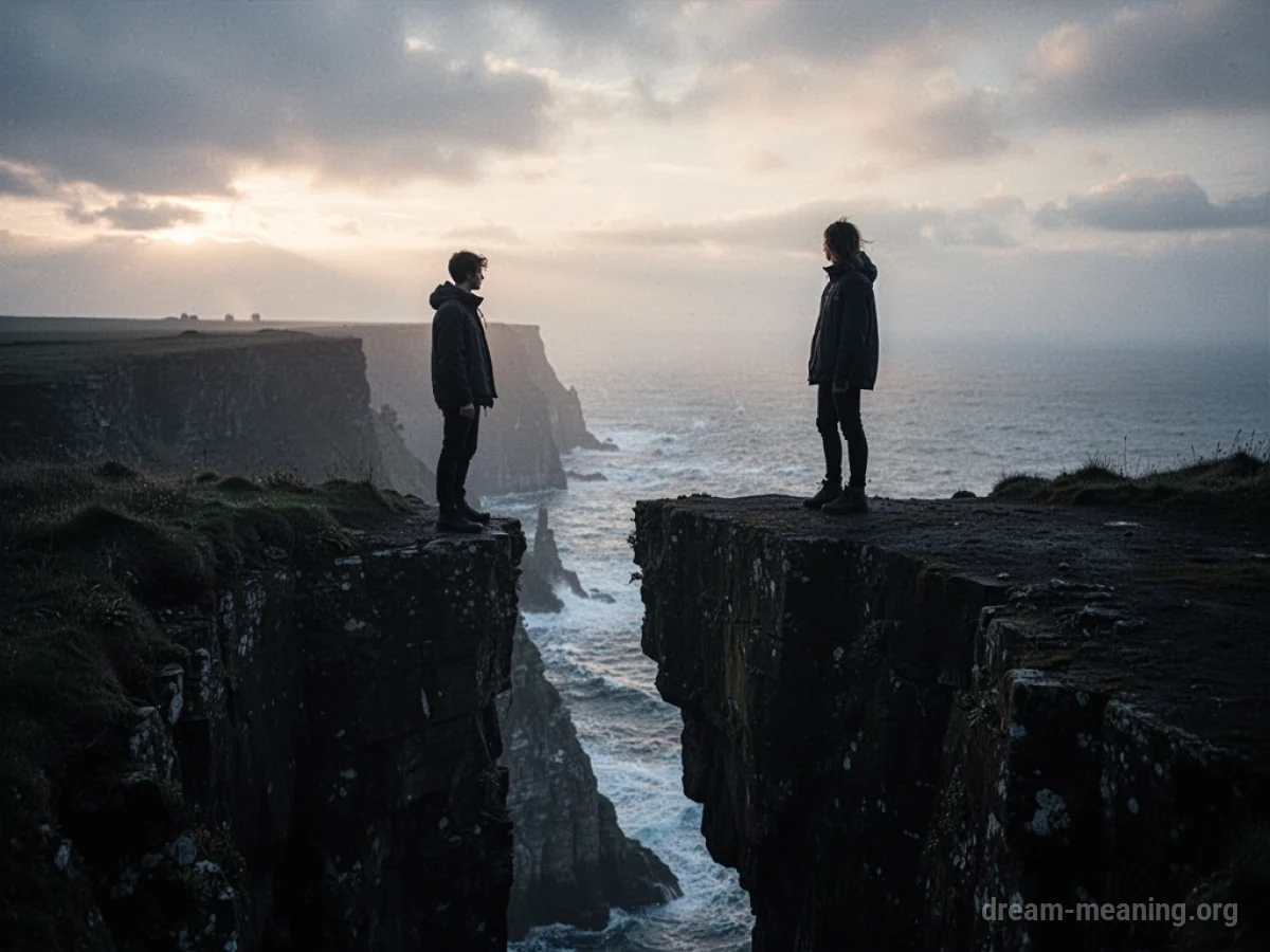 Two silhouetted figures on a cliff edge.