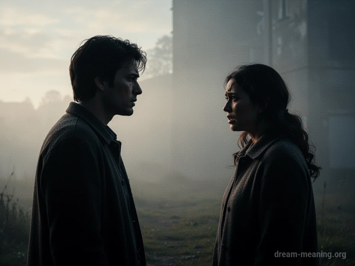 Two figures, one standing further away from the other, with a sense of distance between them.