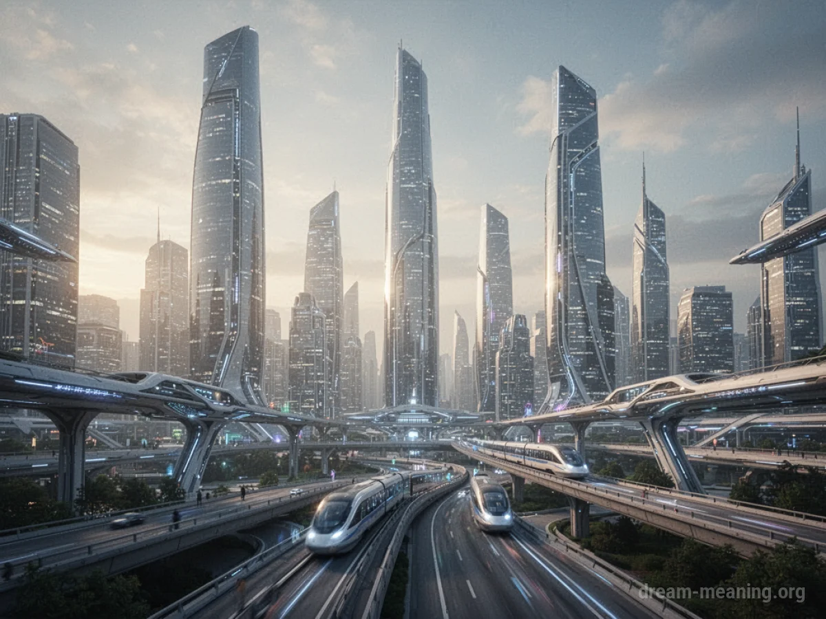 A futuristic city skyline with advanced architecture and flying vehicles.