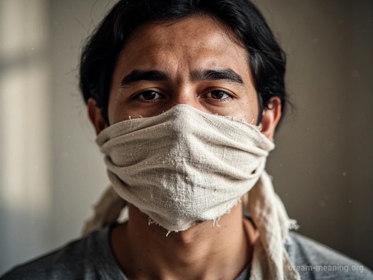 A person's mouth covered by a piece of fabric.