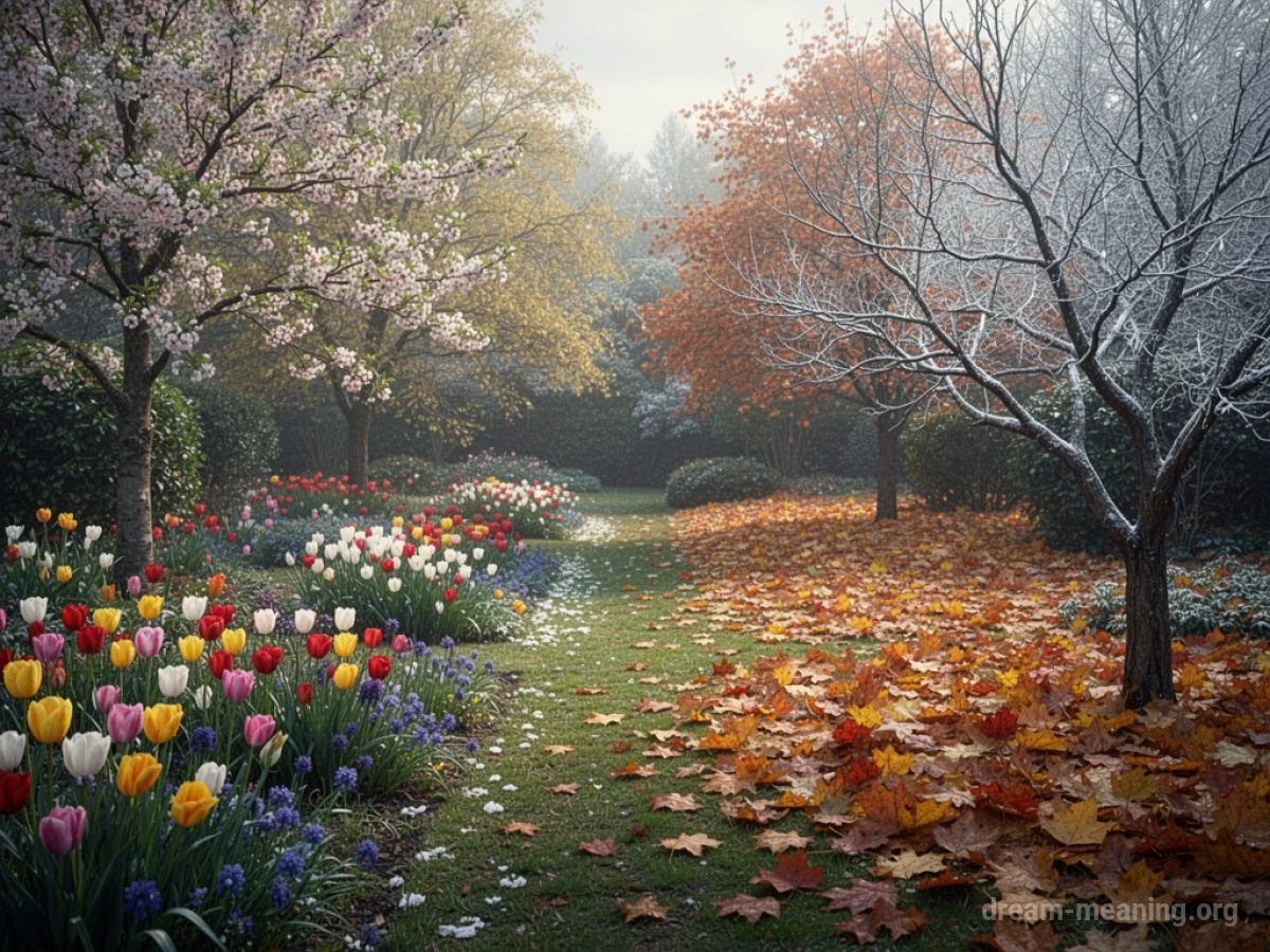 A garden divided into sections representing spring, autumn, and winter.