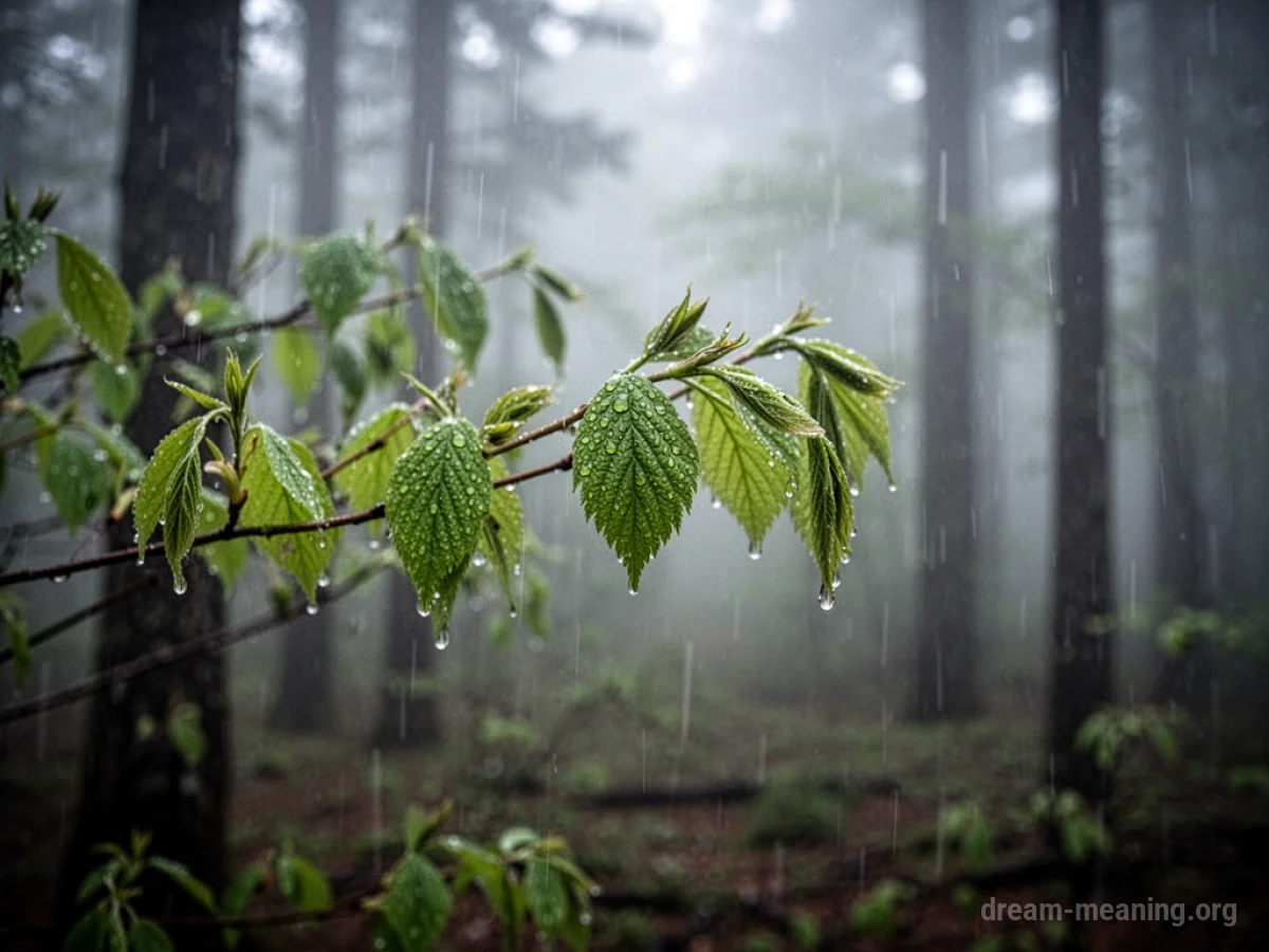 Close-up of raindrops on fresh green leaves with a soft background.