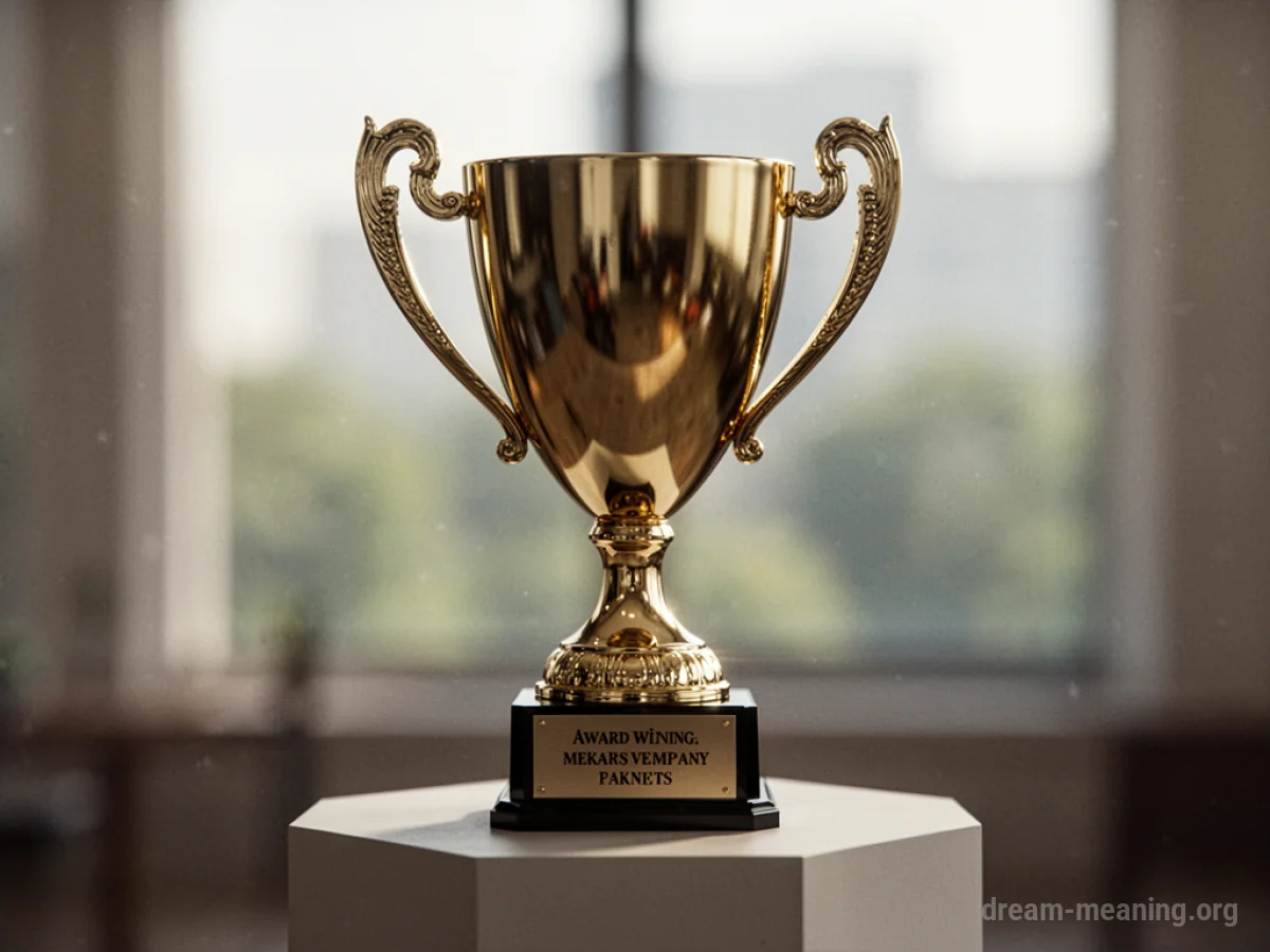 A golden trophy sits on a dark podium.