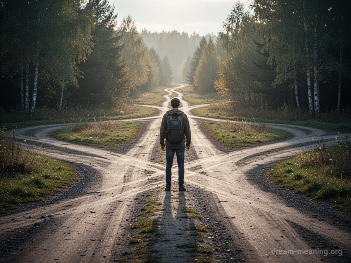 Person at a crossroads with several paths leading forward.