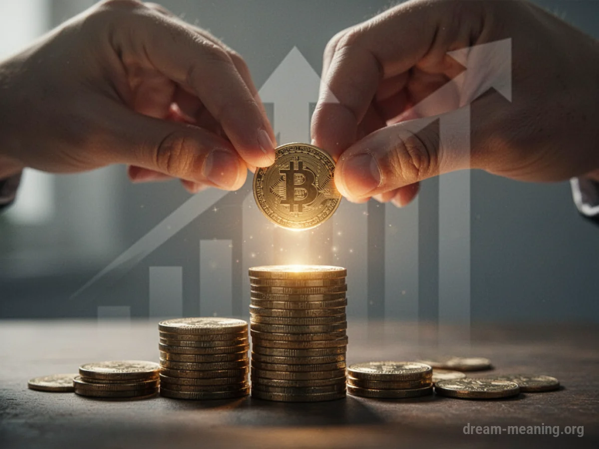 A hand extending upwards holding a single bright coin above a pile of other coins.