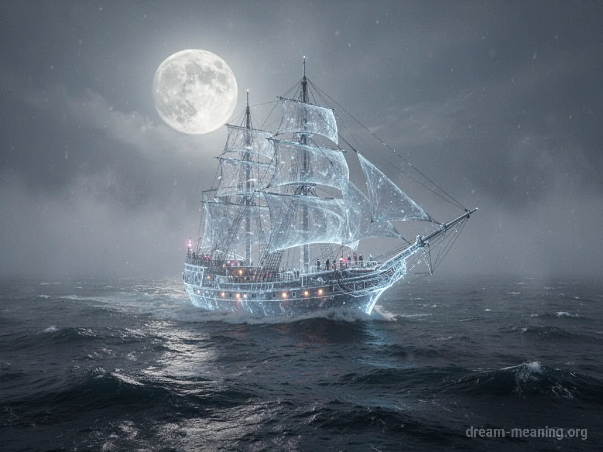 A faint, glowing ship silhouette on a dark, misty ocean.