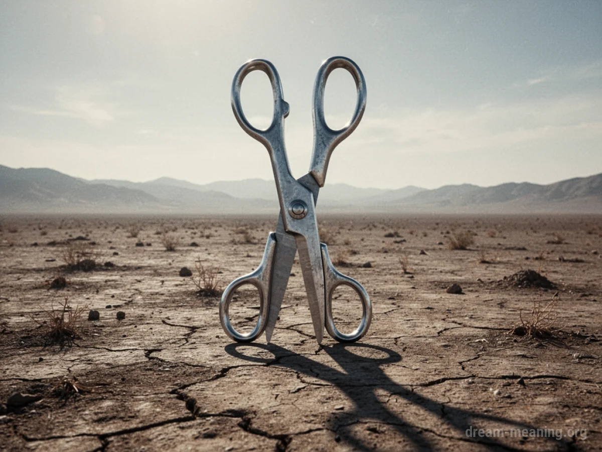 Oversized metallic scissors standing in an empty field.