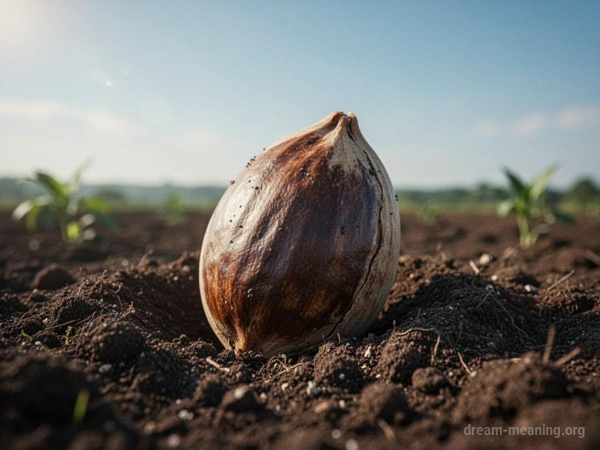 An unusually large seed lying on dark, rich soil.