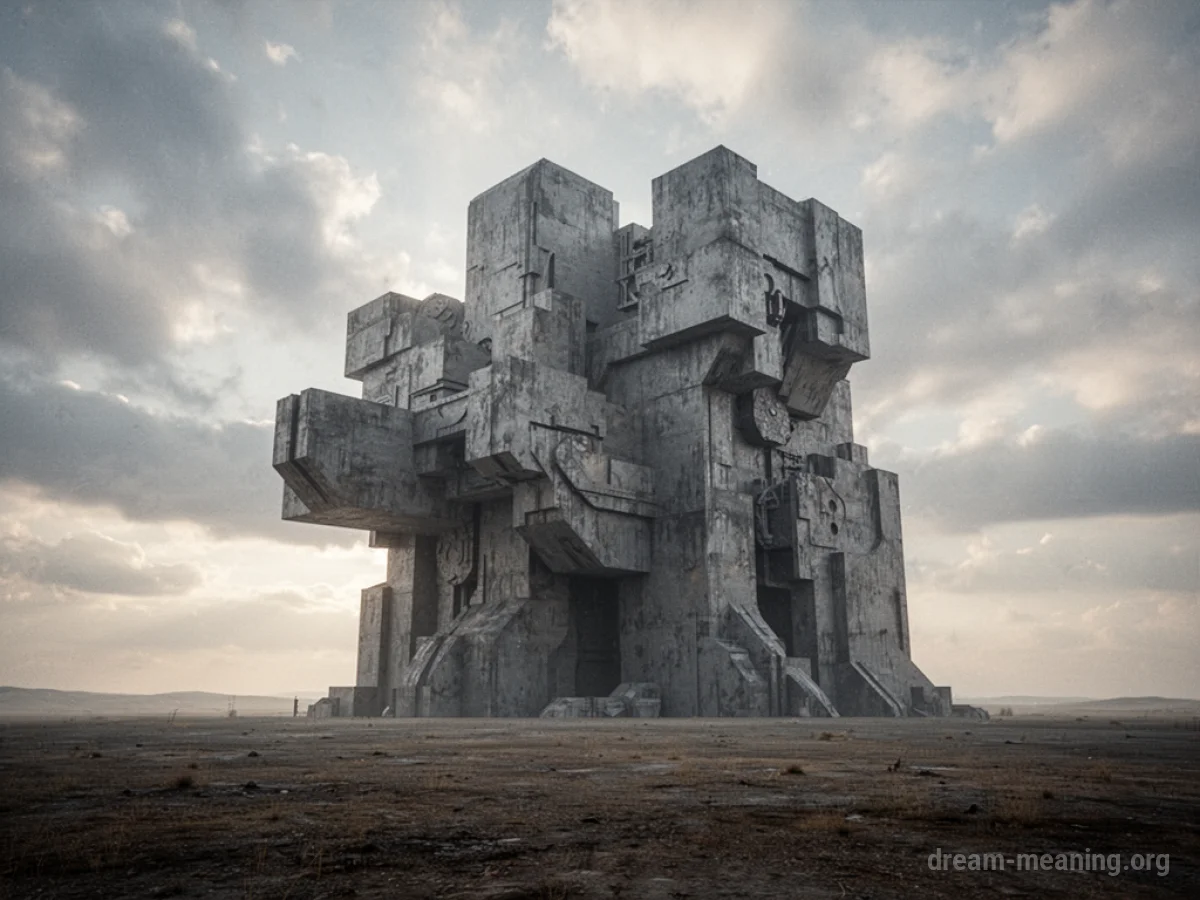 An immense, imposing structure looms large in a desolate landscape.