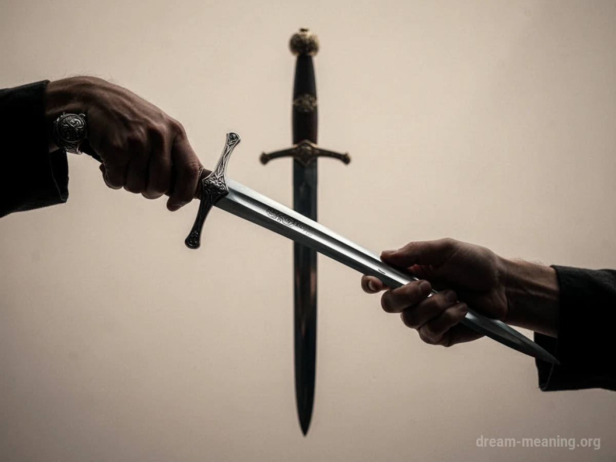 A hand offering a sword to another hand.