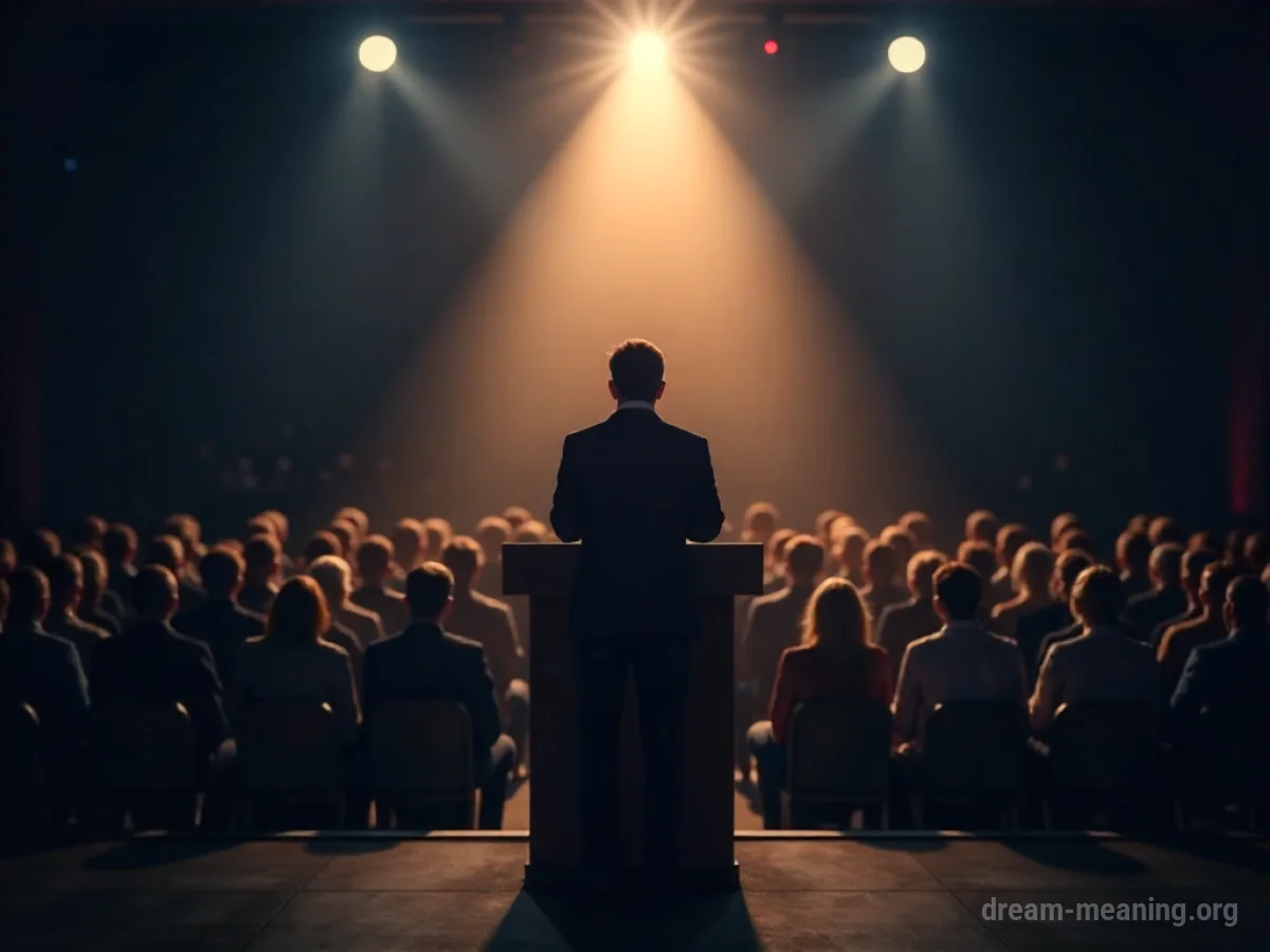 A person stands alone on a stage facing an empty audience.