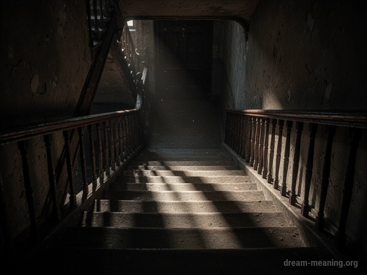 A person walking down a dark, long staircase.