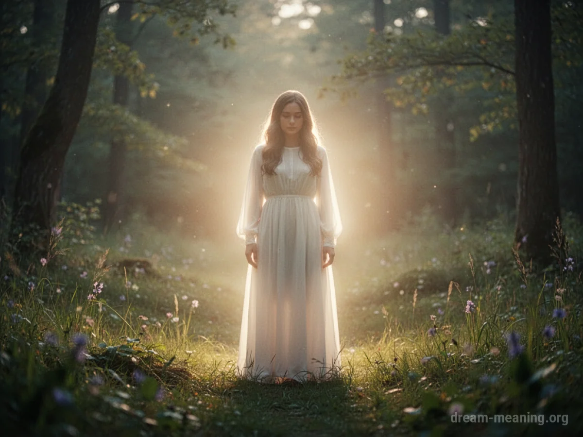 A faint, luminous silhouette against a backdrop of soft light and nature.