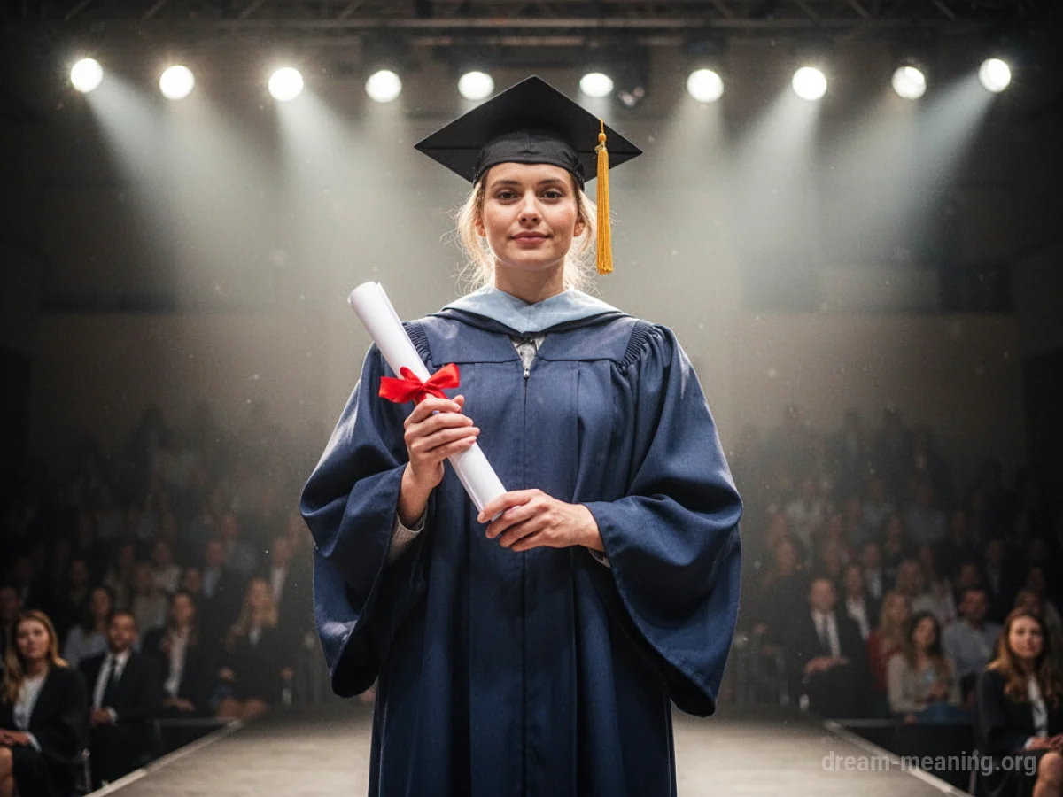 A person in academic regalia holding a diploma on a stage.