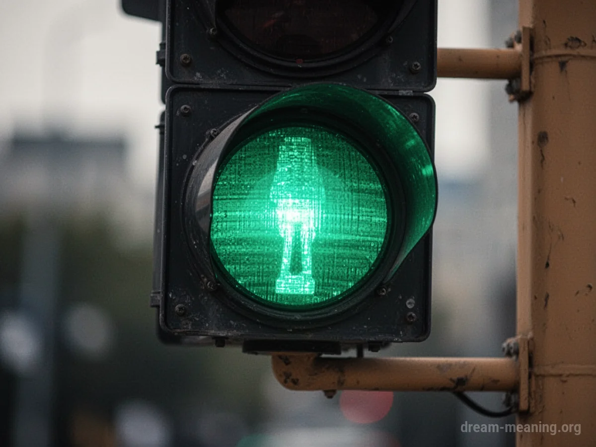 A glowing green traffic light.
