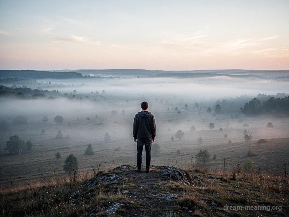 A person stands alone on a cliff overlooking a foggy valley.