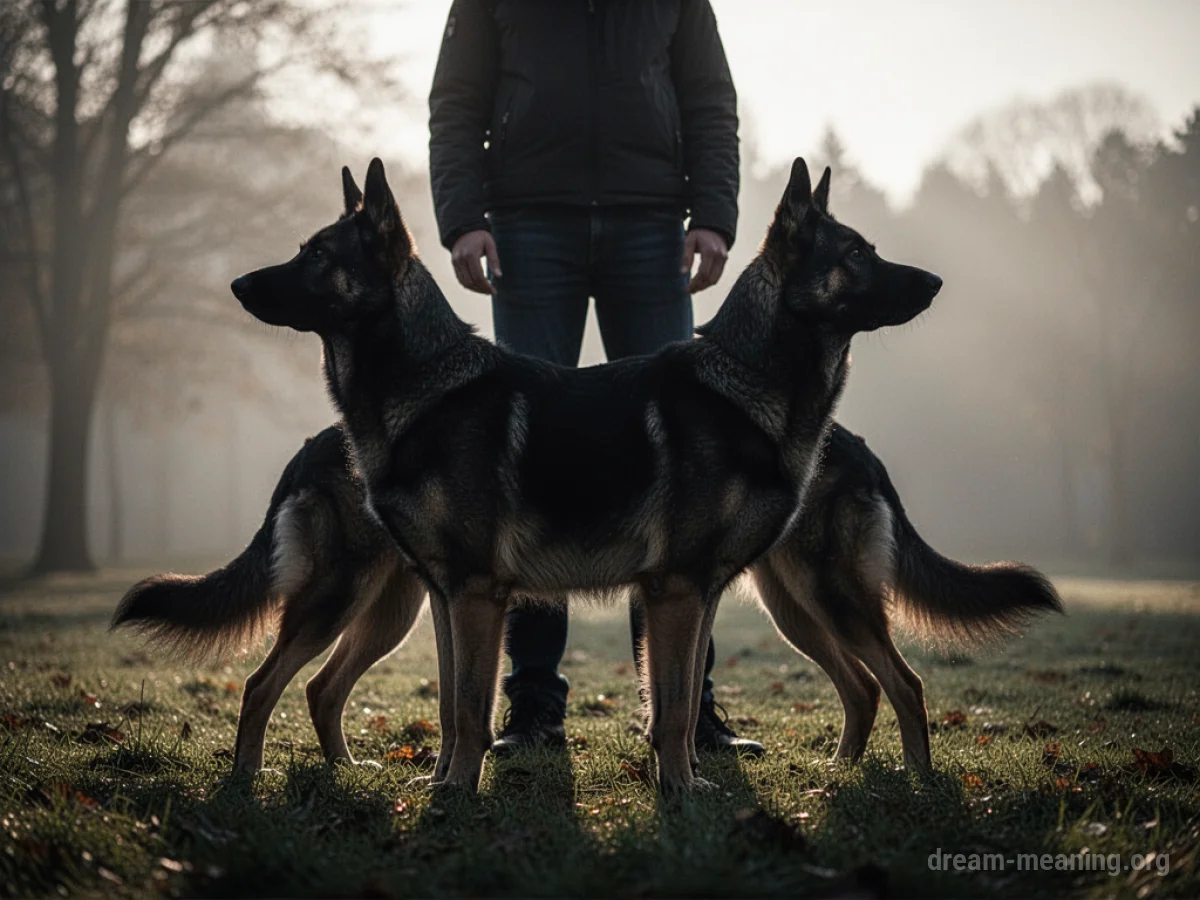 Silhouette of a large dog standing defensively in front of a person.