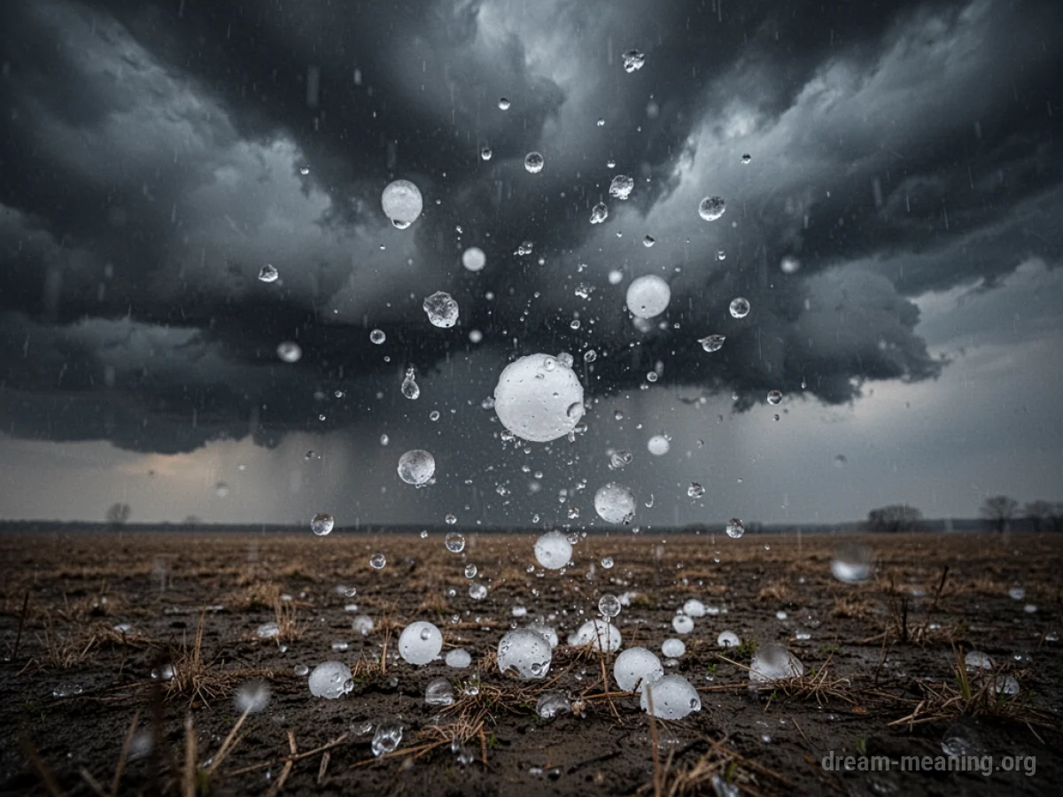 Large hailstones falling from a dark, stormy sky onto an empty field.