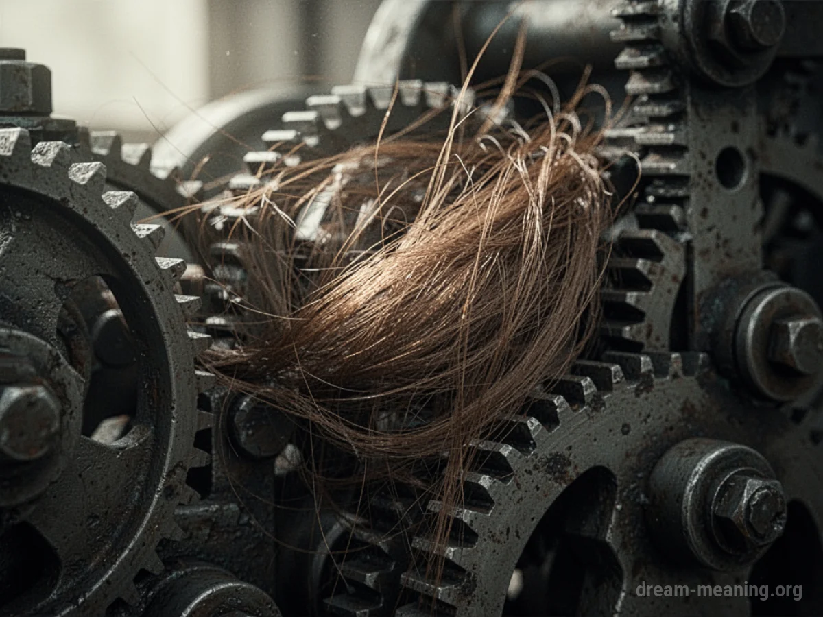 Strands of hair caught in the teeth of a metal gear.
