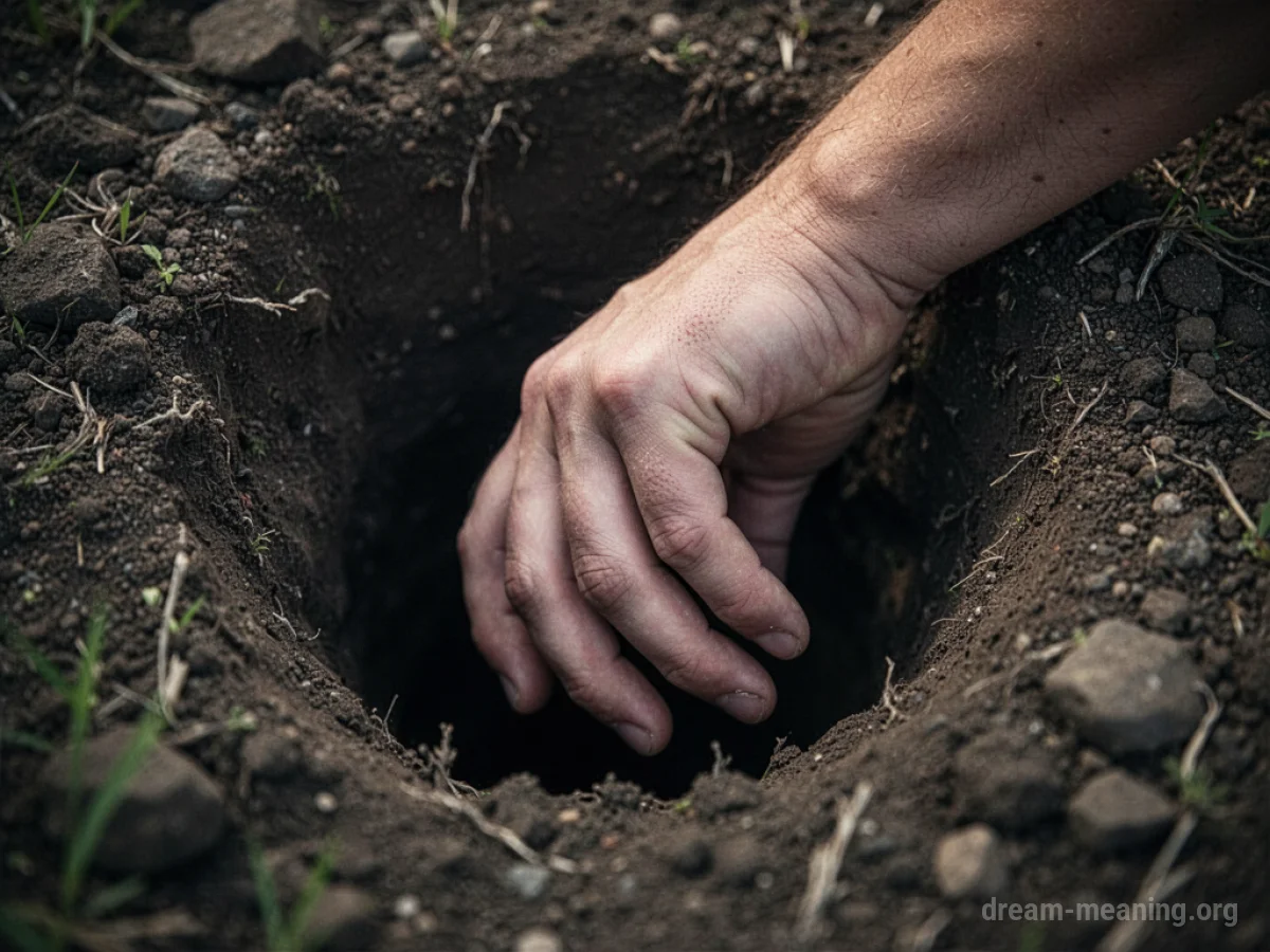 A hand lodged in the opening of a dark hole.