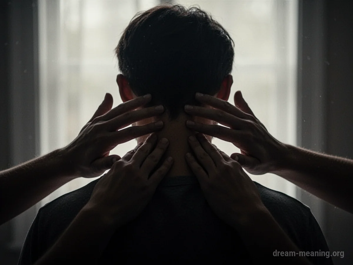 Silhouette of hands reaching for a person's neck.