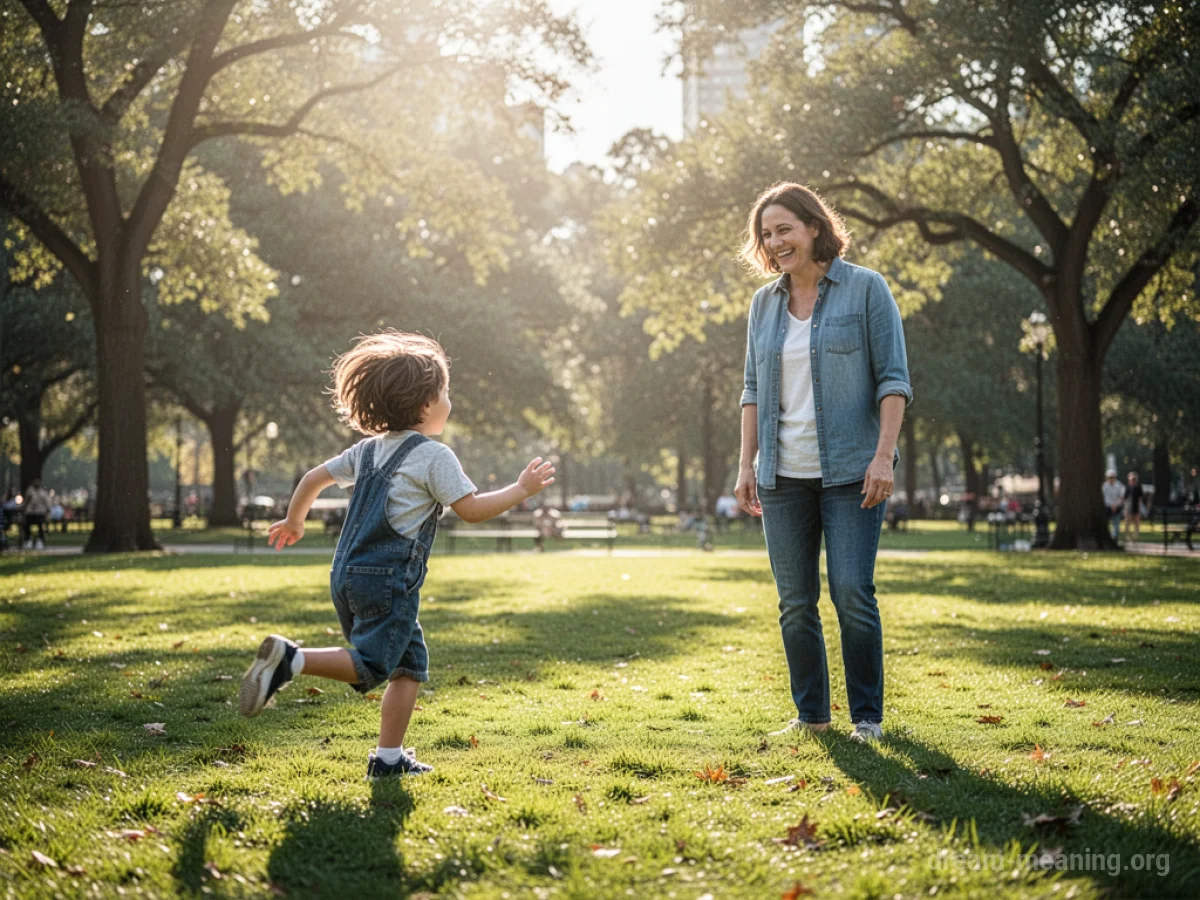 A child runs happily towards an adult in a sunny park.