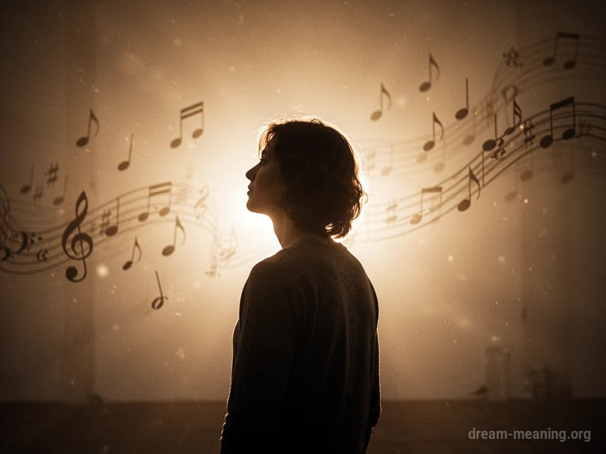 Silhouette of a person bathed in warm light with faint musical notes.