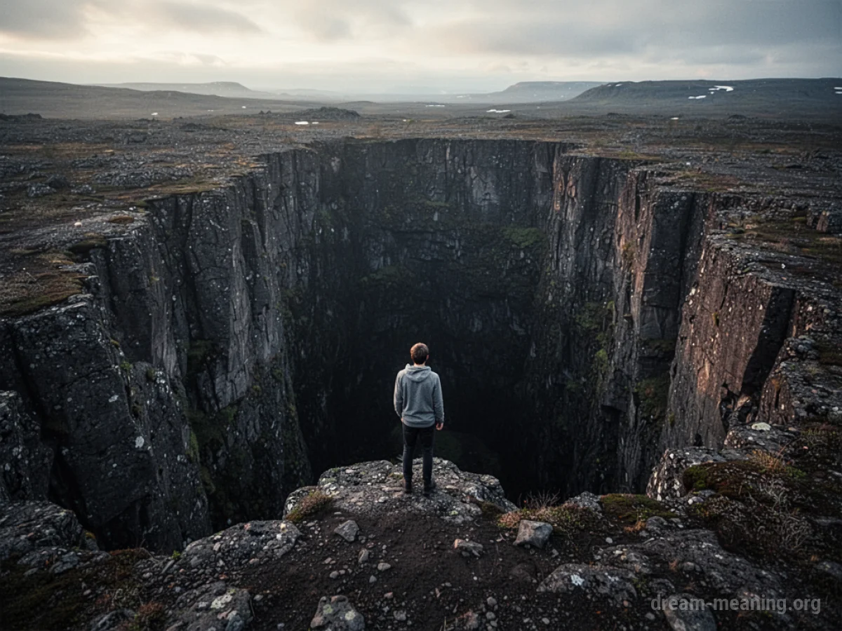 A silhouetted person stands at the precipice of a dark void.