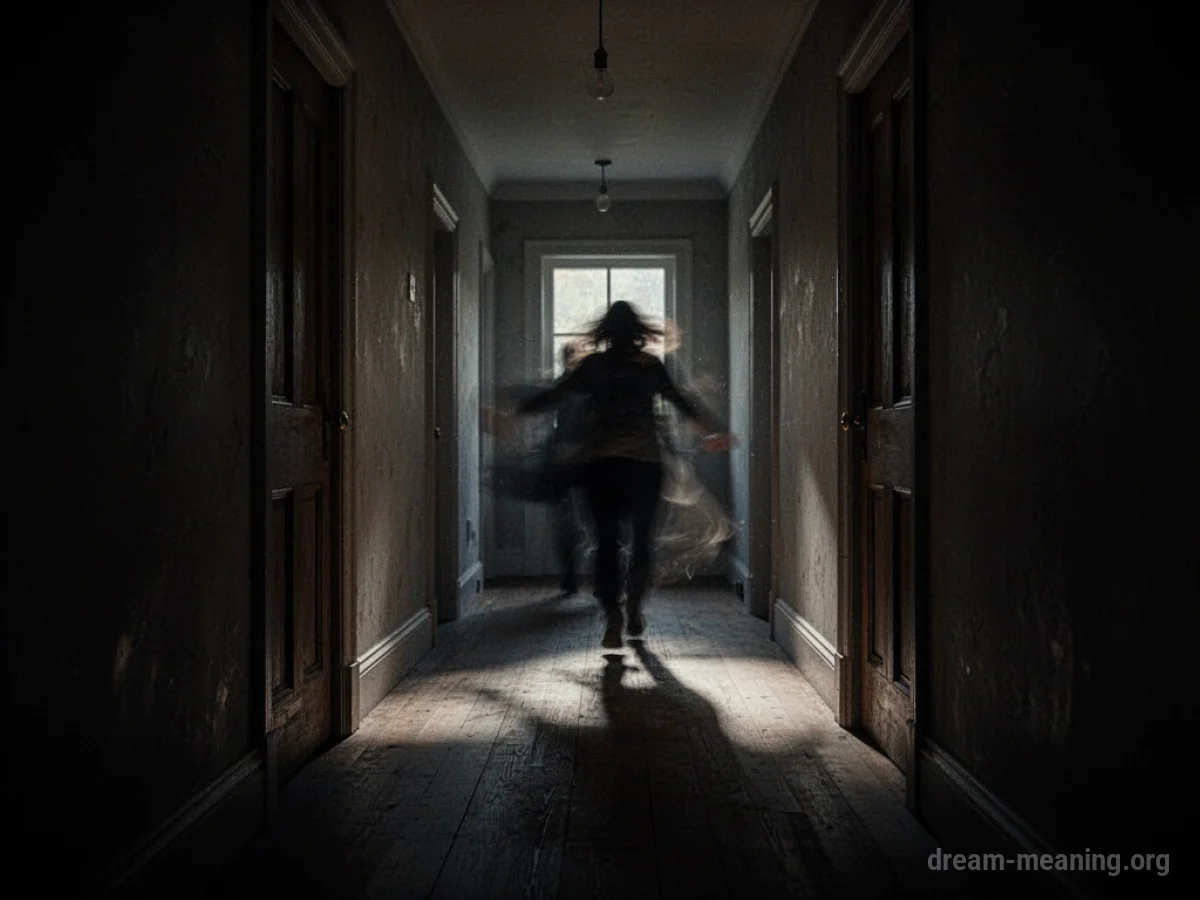 A dimly lit hallway with dark shadows at the end.