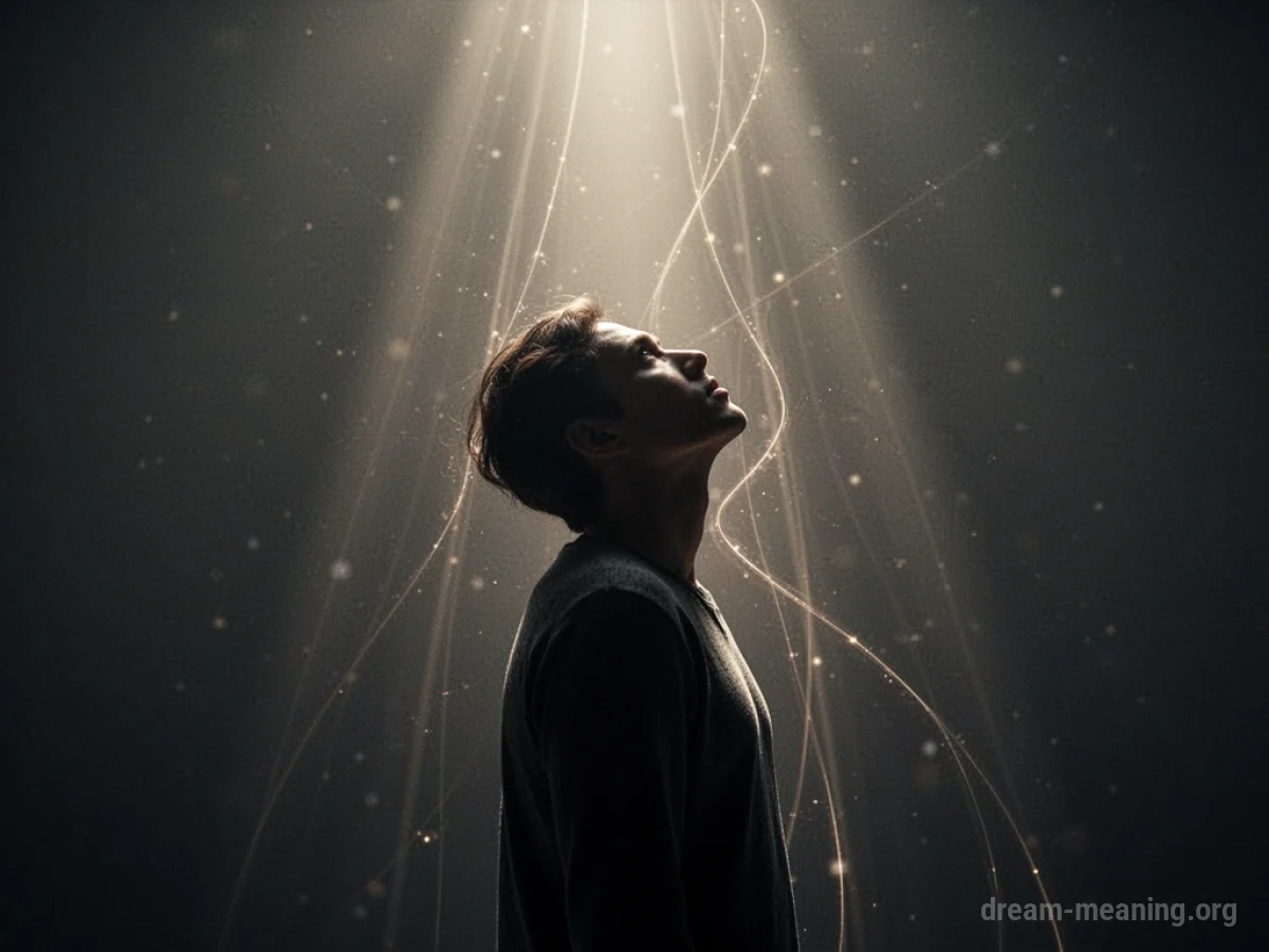 Silhouette of a person looking upwards towards a beam of light.