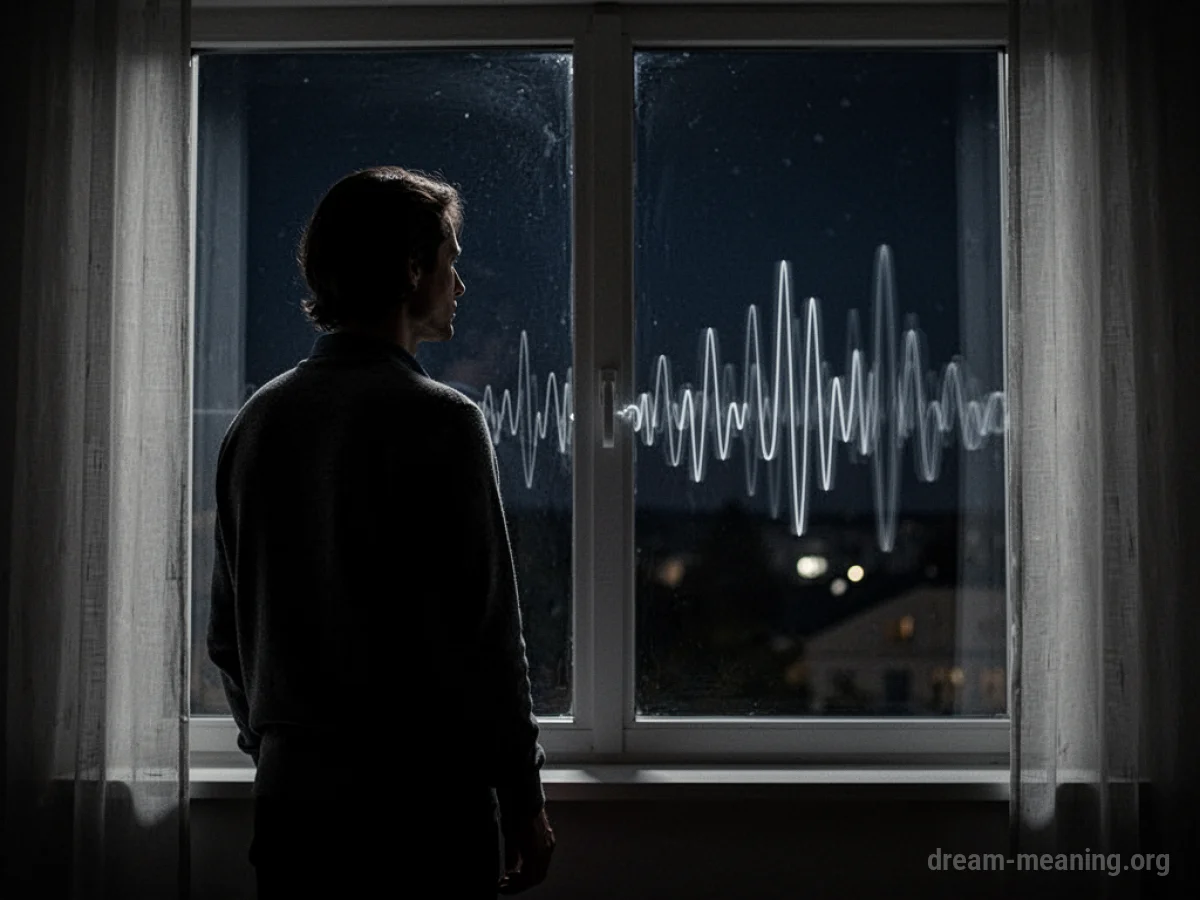 Silhouette of a person looking out a window at night with sound waves approaching.