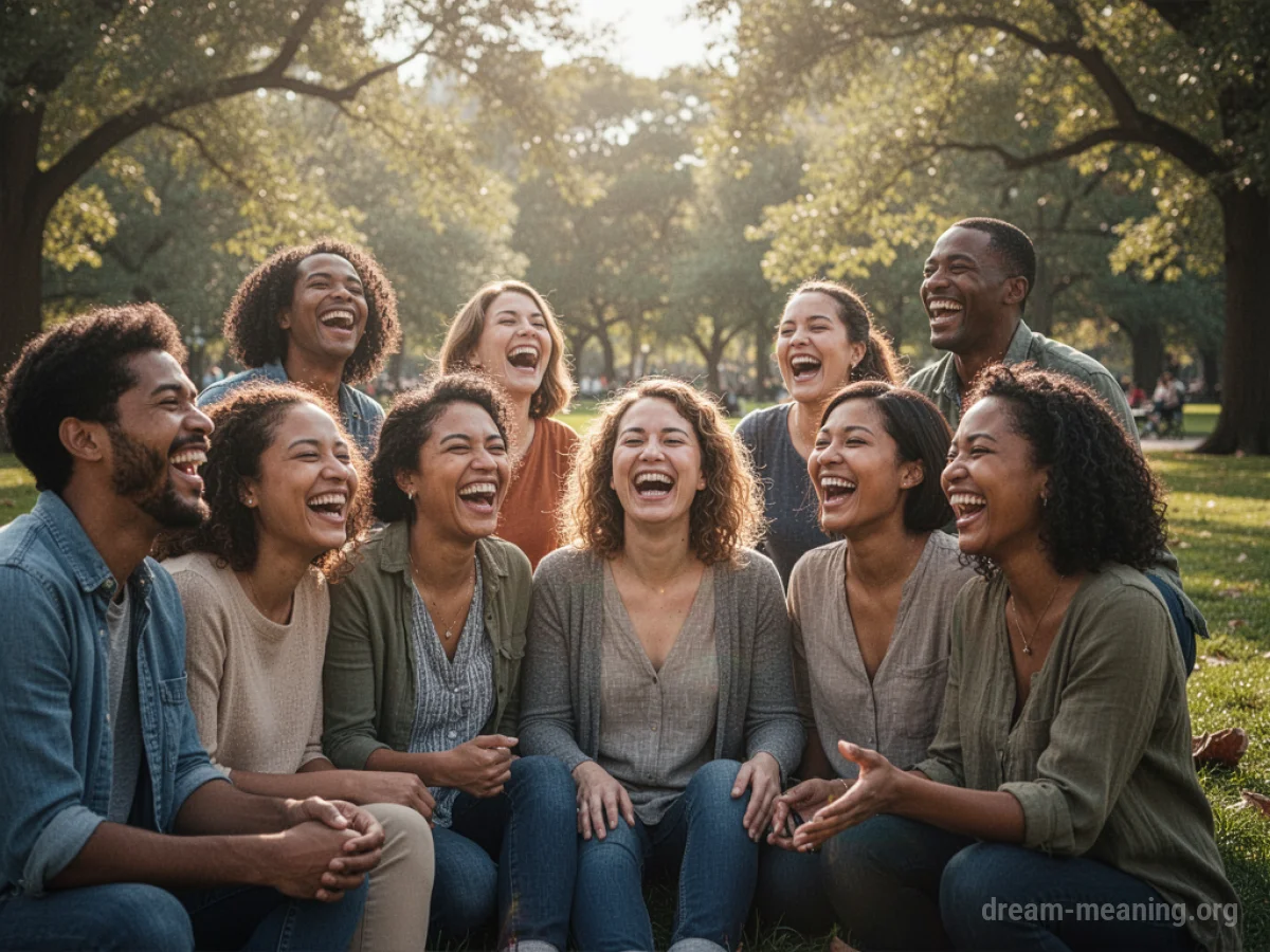 Several people smiling and laughing openly in a park setting.