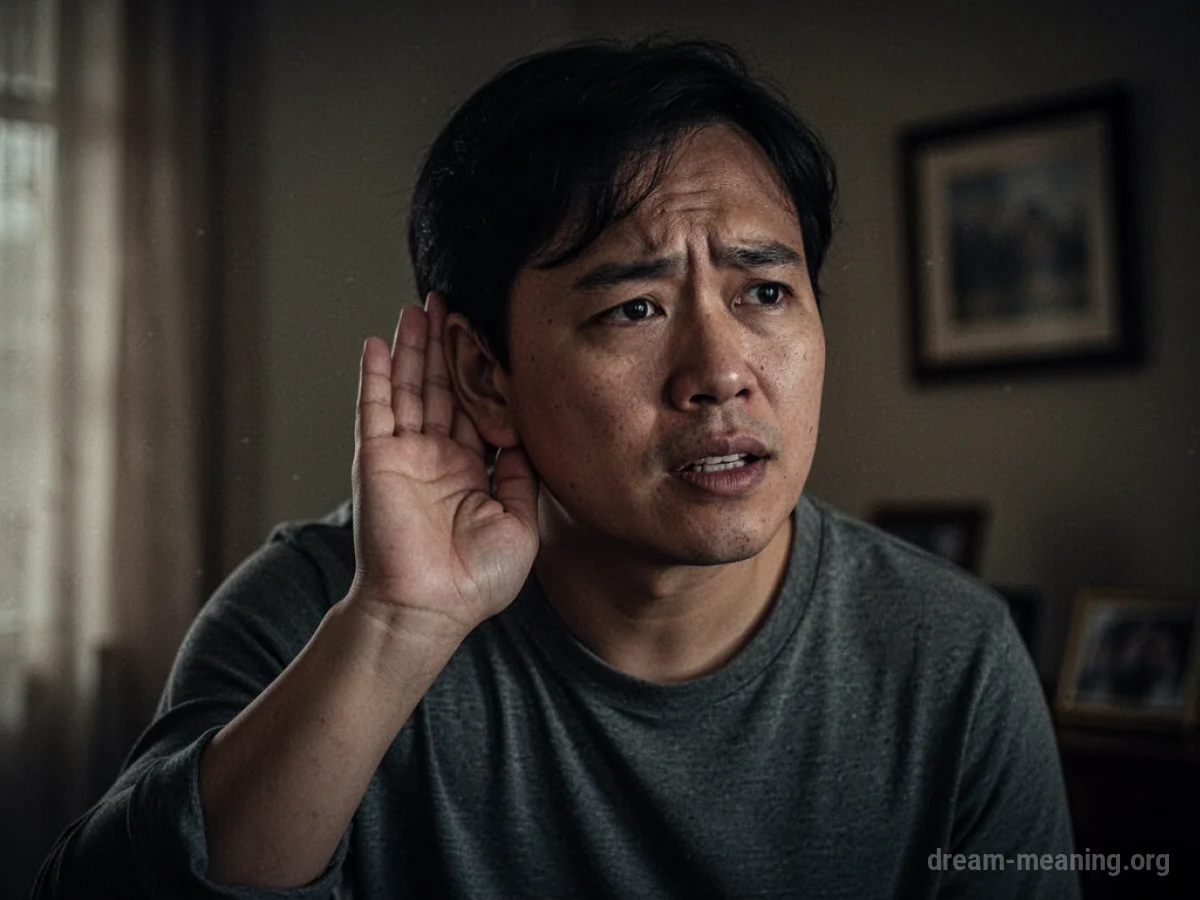 A person holding their hand to their ear, straining to hear faint sounds in a shadowy environment.