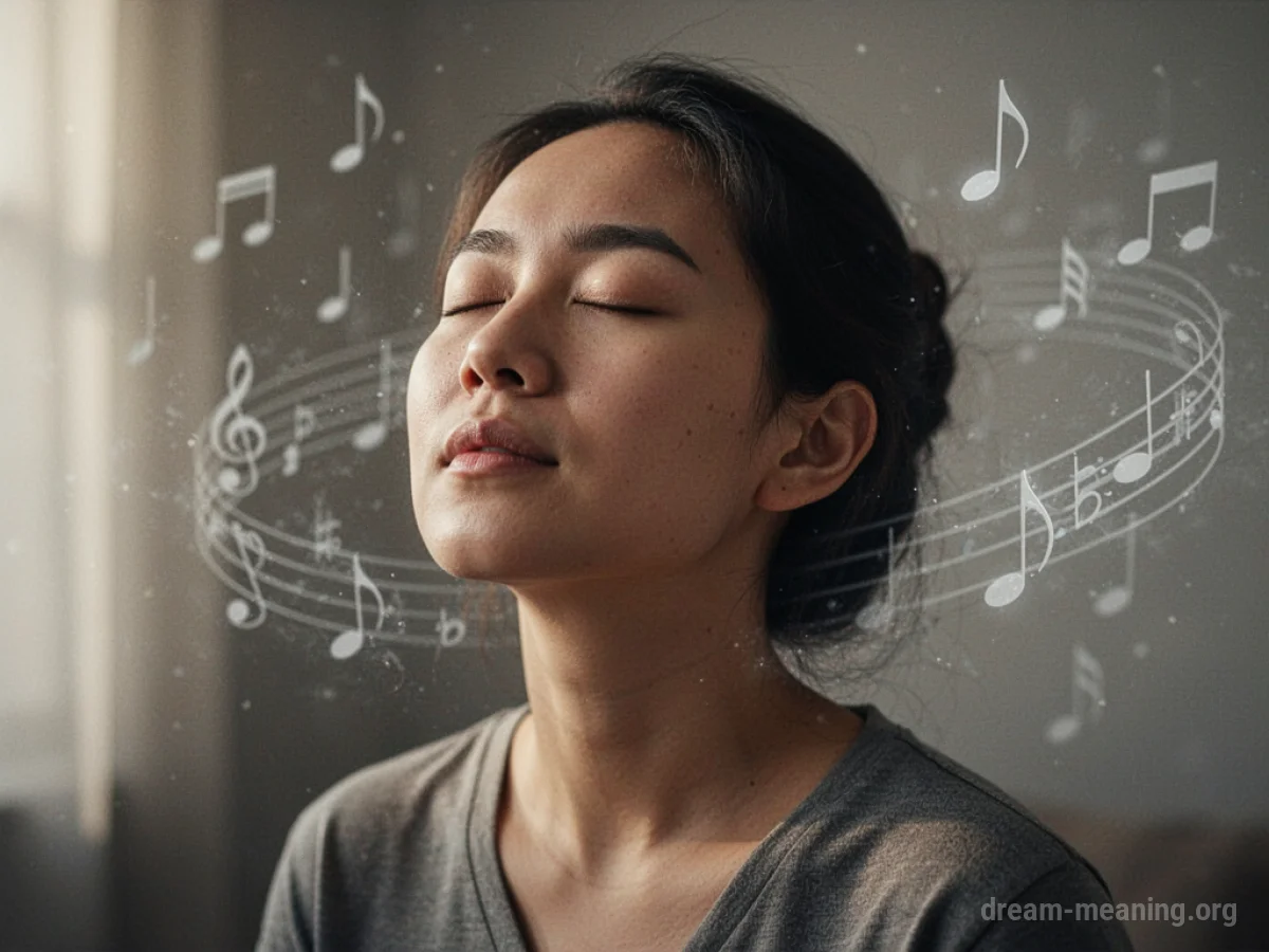 A person with eyes closed, listening to faint musical notes in the air.