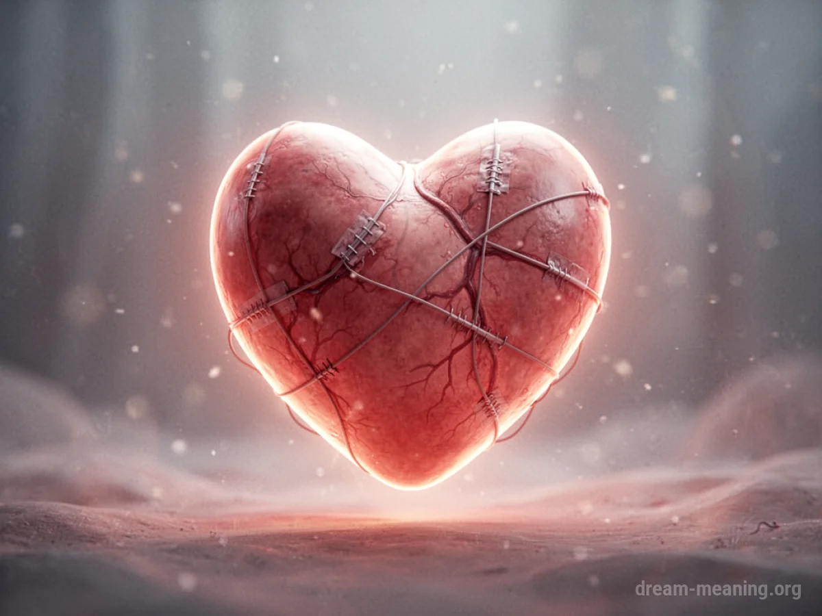 A glowing, stylized heart with faint surgical markings.