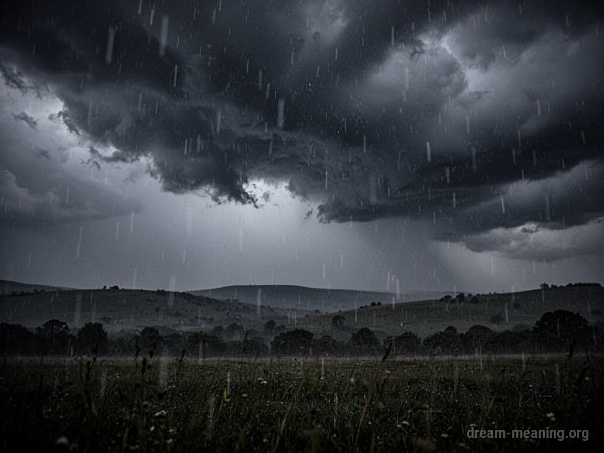 Heavy rain falling from a dark, overcast sky onto a landscape.