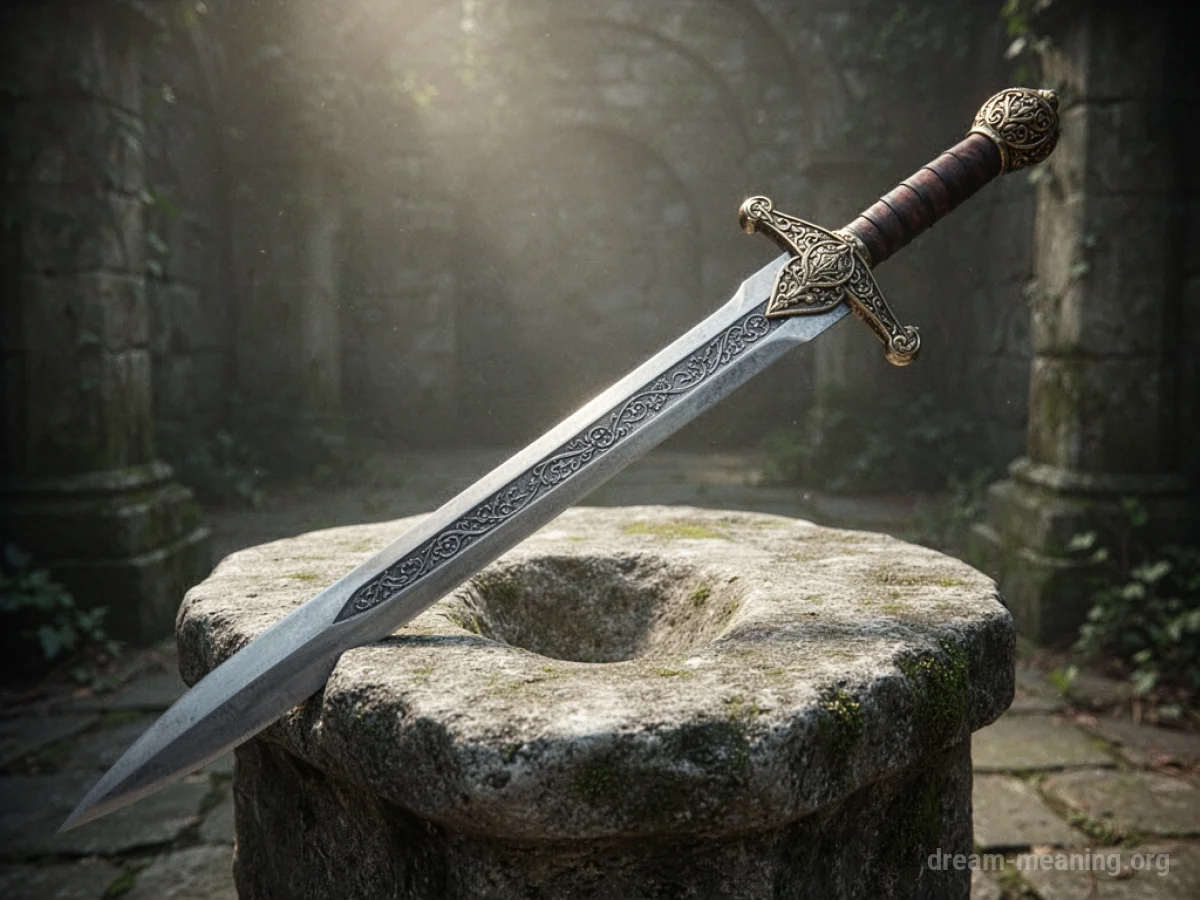 An ornate, heavy sword lies on a stone pedestal.
