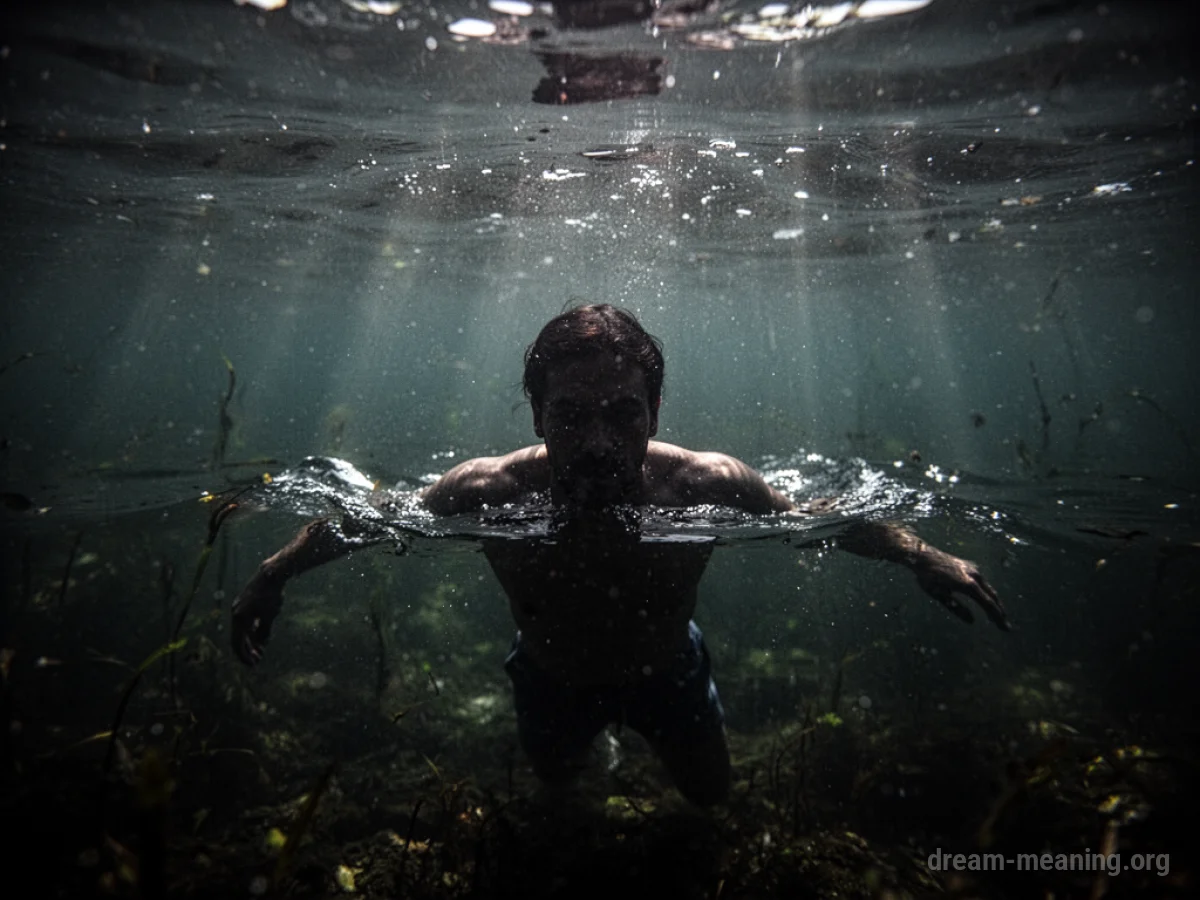 Silhouette of a person underwater in dark water.