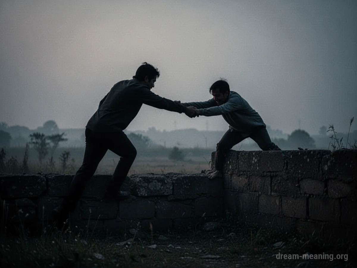 Silhouette of one person helping another over a wall.