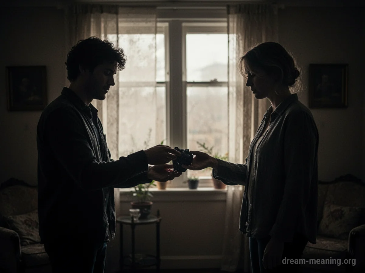 Two silhouetted figures in a dark room, one passing an object to another.
