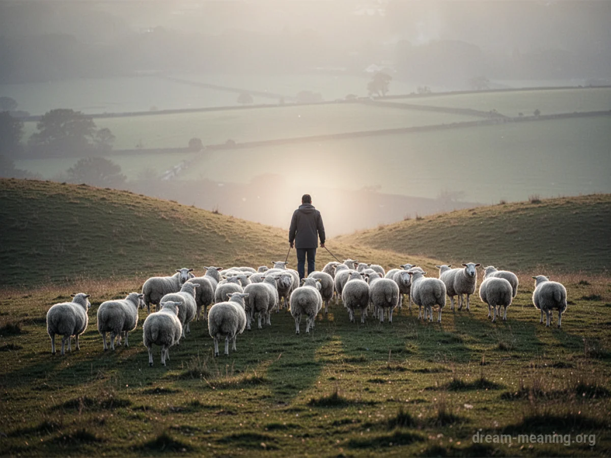 A figure guiding a flock of sheep across a grassy hill.