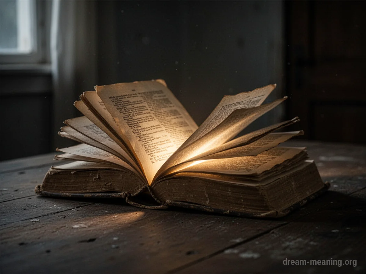An antique book glowing with internal light in a darkened space.