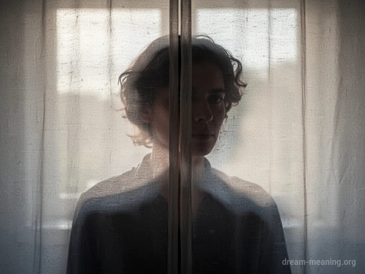 Silhouette of a person peeking from behind a translucent screen.