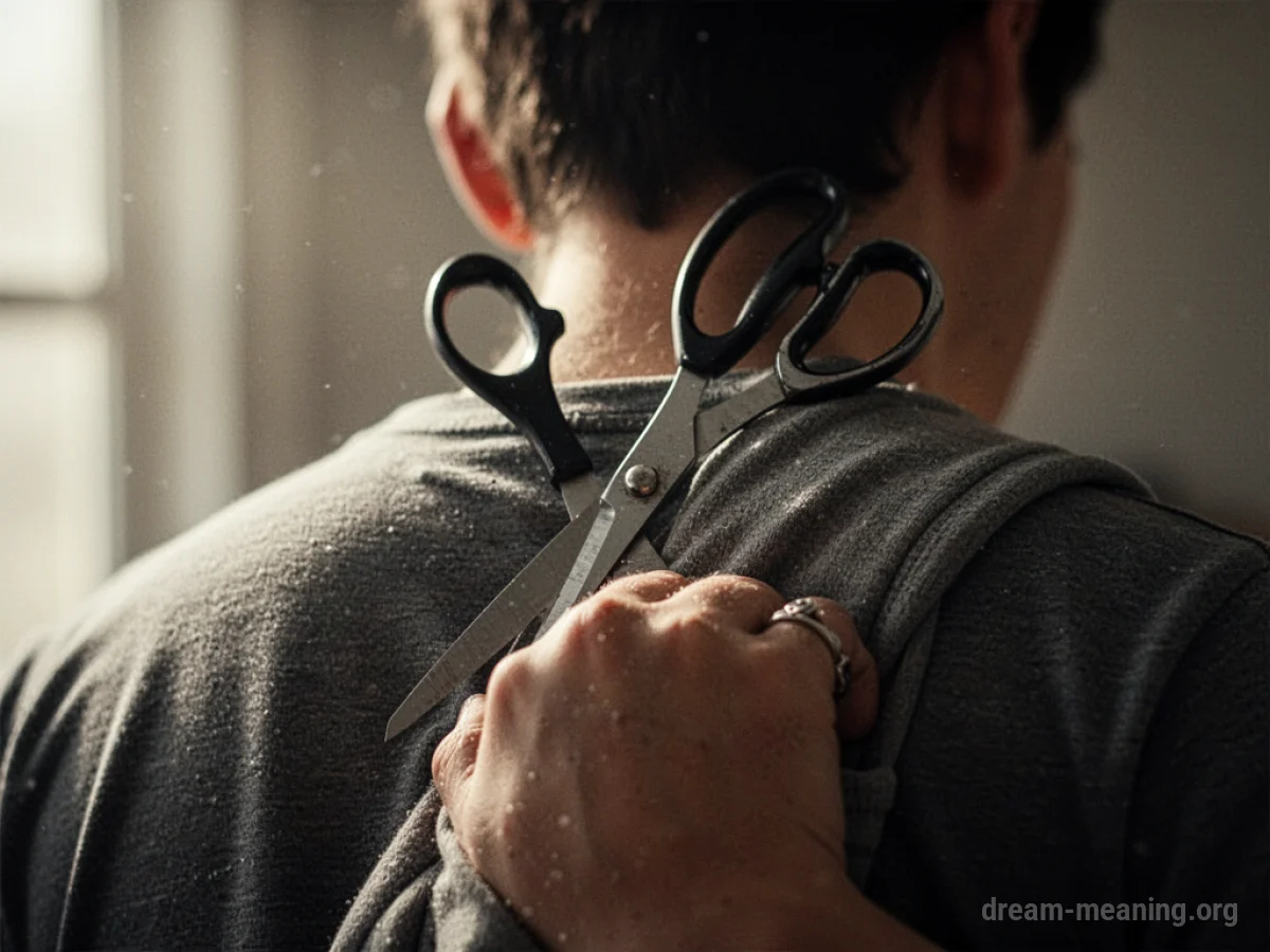 A person concealing a pair of scissors behind their back.