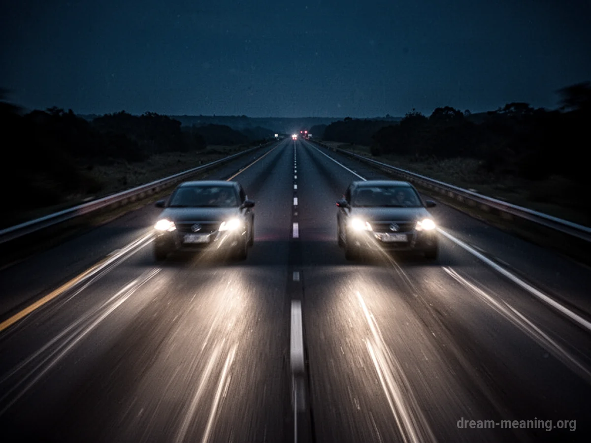 Two cars driving very fast on a highway at night.