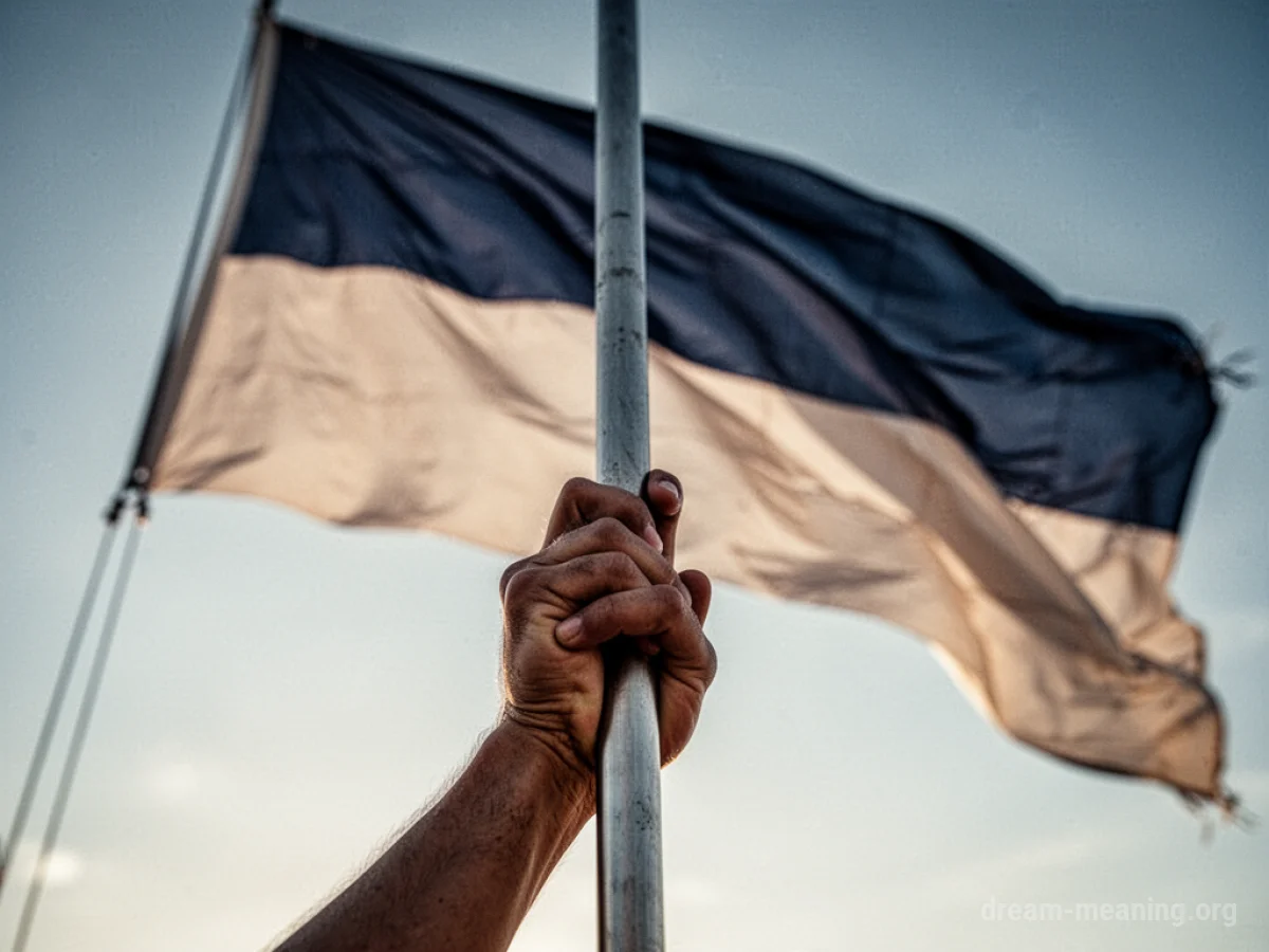 A hand holding a flag pole with a flag at the top.