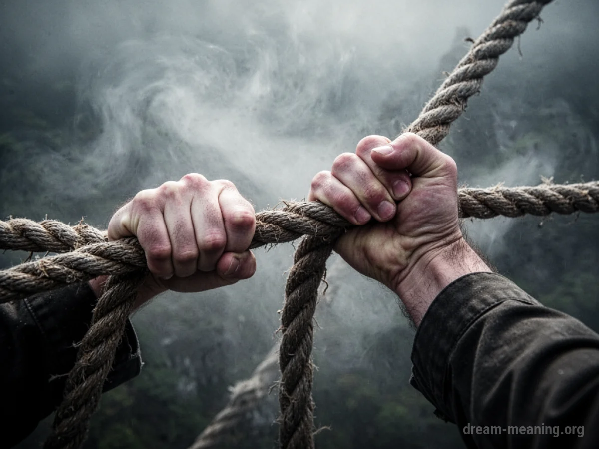 Close-up of hands tightly gripping a rope.